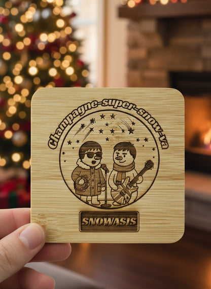 Personalised Christmas bamboo coaster with Gallagher-inspired snowmen and text “Champagne Super Snow-va” – novelty holiday gift. Snowasis