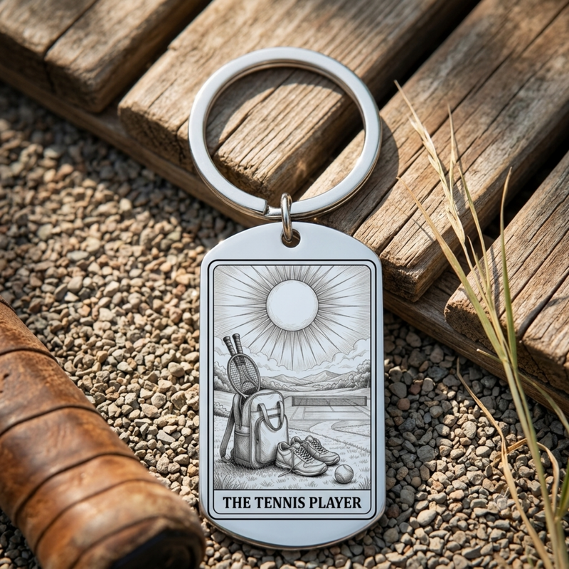 A silver metal keychain with a rectangular engraved tag reading 'THE TENNIS PLAYER,' shown resting on gravel beside a wooden surface and dried grass.