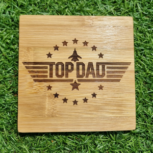 Top Dad laser engraved bamboo coaster with bold aviation wing and star design, unique Father's Day gift for dad