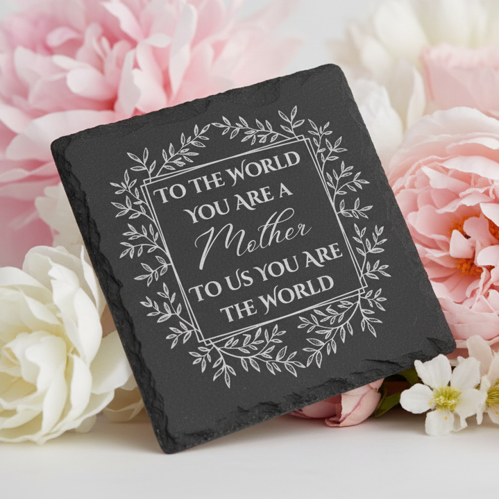 Slate coaster with engraved text and decorative border on a white background, To the world you are a mother to us you are the world, gift for mum, mothers day gift