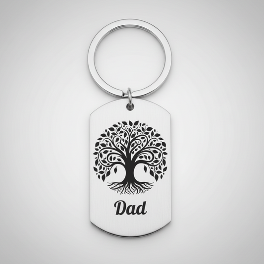 Tree of Life keyring for Dad, laser engraved stainless steel with detailed tree design