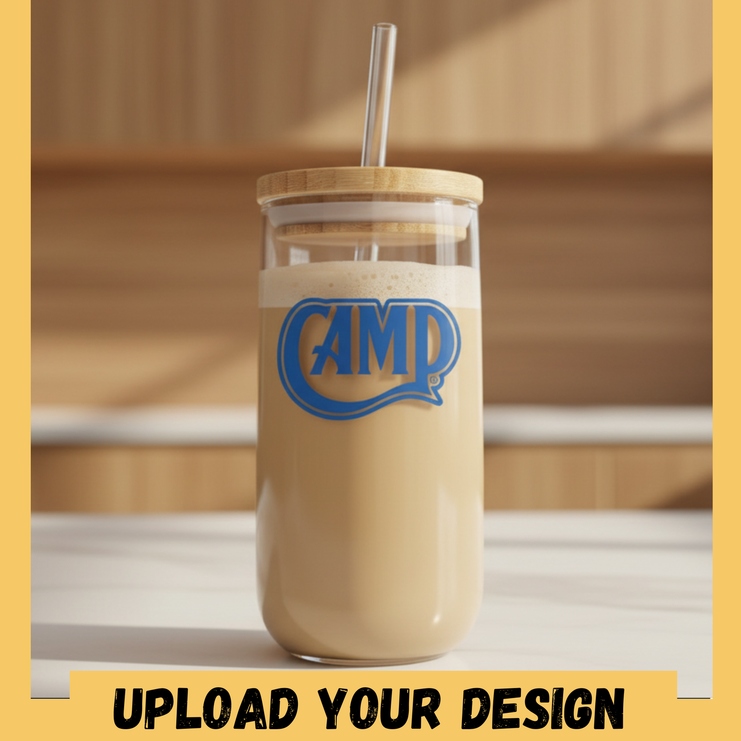Personalised Glass Coffee Cup with Bamboo Lid & Glass Straw – Custom Printed & Engraved