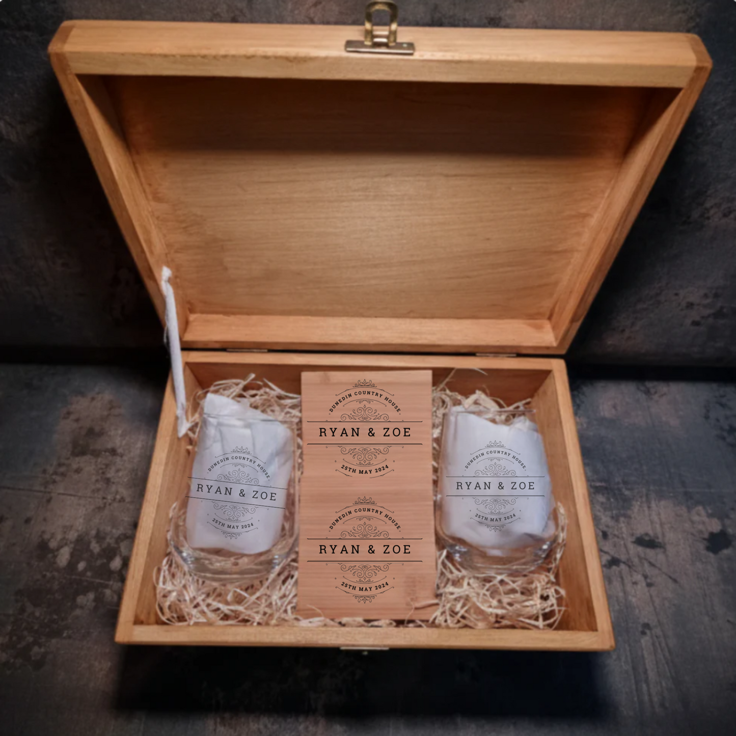 Unique Wedding Gift Box Set, personalised bespoke gift for bride and groom, toast glasses and keepsake box 