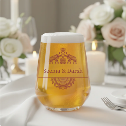 Personalised Indian wedding glass with elephant mandala design in burgundy — printed with couple's names by First Glass Designs U