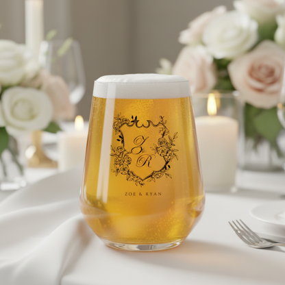 Personalised wedding tumbler glass with rose crest monogram design — custom printed with initials and names by First Glass Designs UK