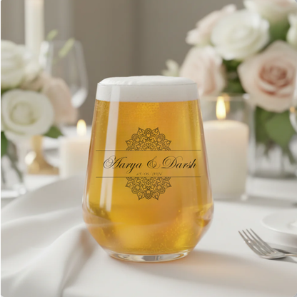 Personalised Hindu wedding glass with gold lotus mandala design — custom printed with names and date by First Glass Designs UK

