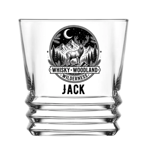 Personalised stag whisky tumbler with woodland wilderness design