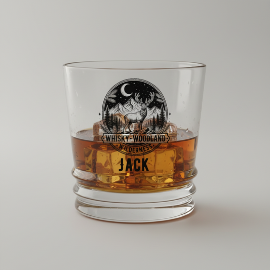A clear glass rocks tumbler with a custom black graphic of a deer in a forest under a crescent moon, with the text 'Whisky-Woodland Wilderness' and the name 'JACK' printed on it. The glass is filled with amber whiskey and ice cubes, set against a neutral gray background.