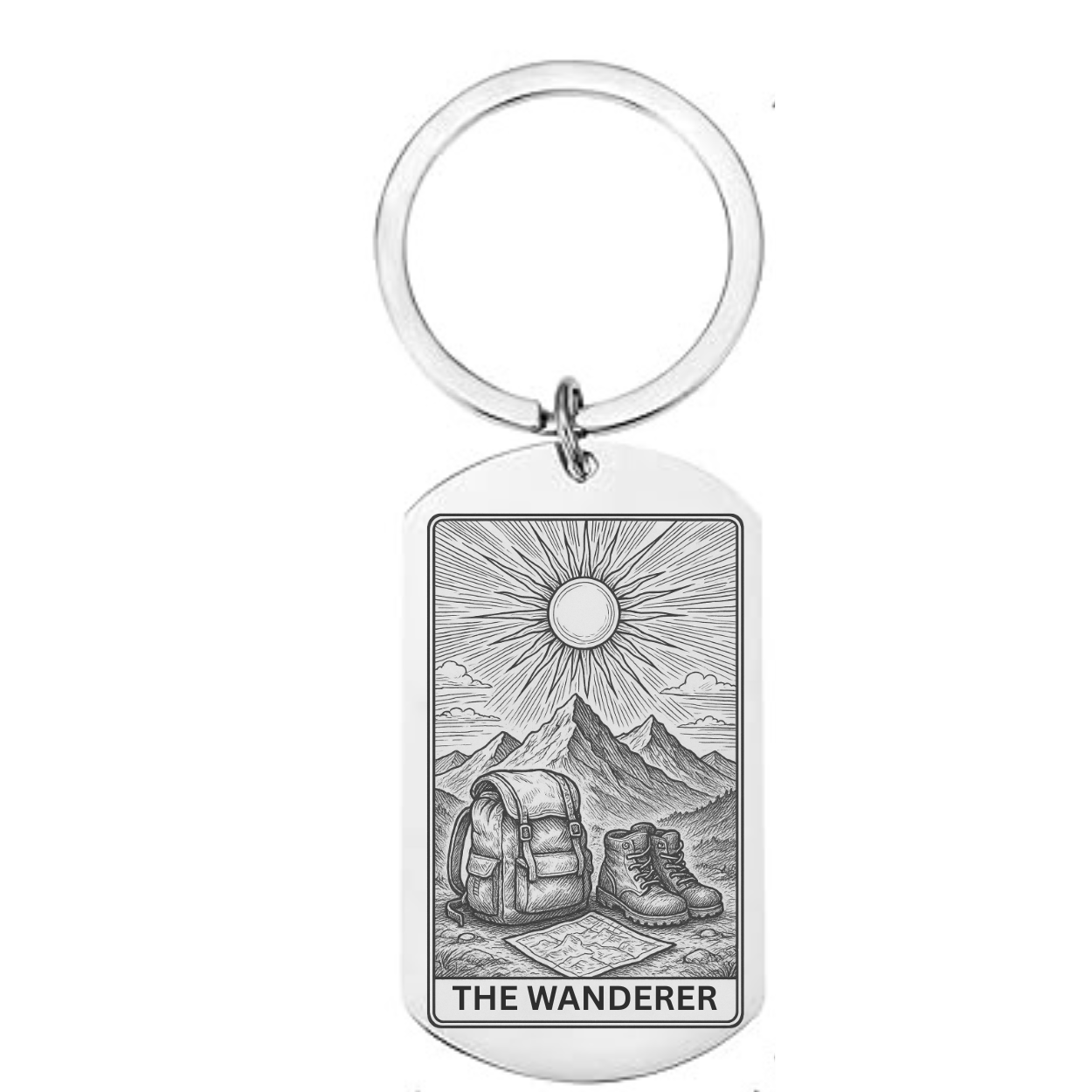 Tarot card-style keyring featuring “The Wanderer” design – vintage hiking and adventure illustration gift for hikers and outdoor explorers.