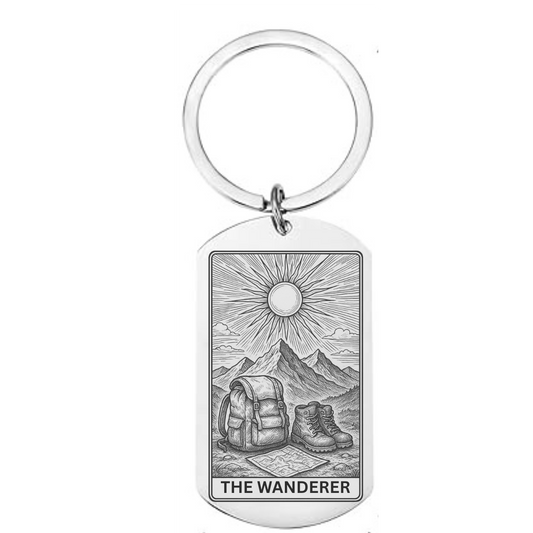 Tarot card-style keyring featuring “The Wanderer” design – vintage hiking and adventure illustration gift for hikers and outdoor explorers.