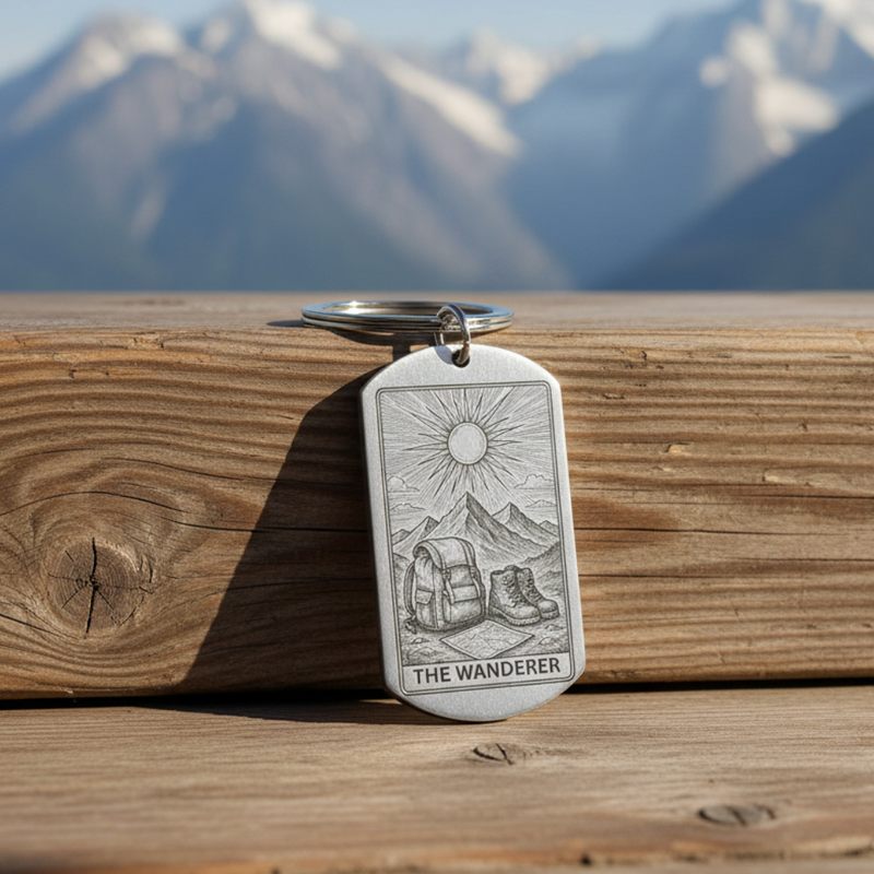 Tarot card-style keyring featuring “The Wanderer” design – vintage hiking and adventure illustration gift for hikers and outdoor explorers.