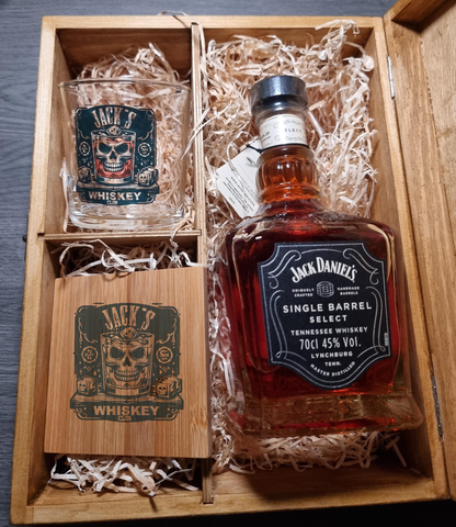 Personalised Whiskey Box For Birthday Gift, Jack Daniels Inspired, Bourbon Whiskey Glass and Coaster, Add Your Own Message, Retirement Gift 18th 21st 30th 40th 50th 60th 70th