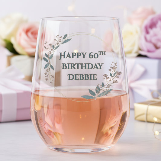Personalised floral stemless wine glass with custom name and birthday, gift for Mum, sister, friend or auntie.