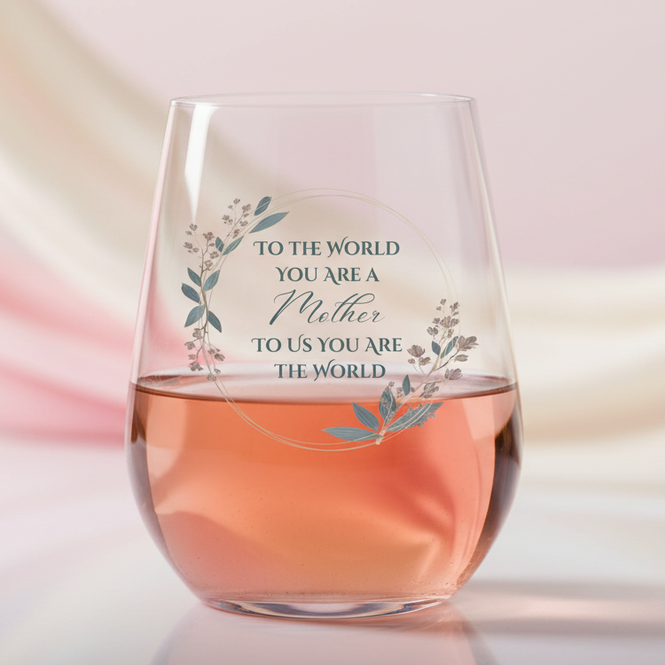 Floral stemless wine glass with the quote “To the world you are a mother but to us you are the world”, Mother’s Day gift for Mum.