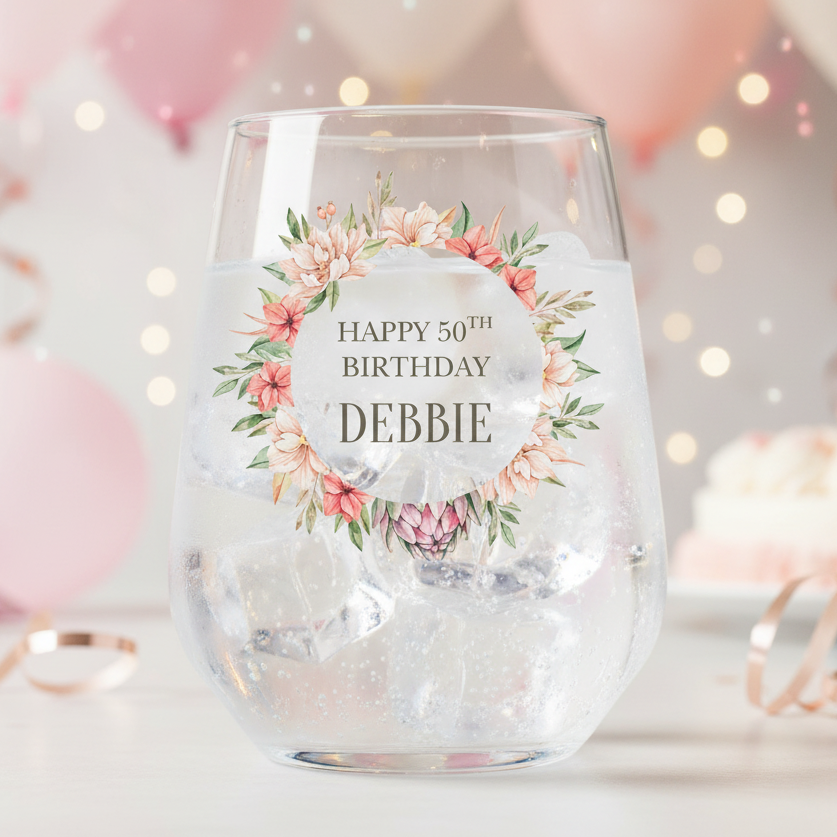 Personalised stemless wine glass with circular floral design, custom name and birthday milestone gift for Mum, sister, friend or auntie.