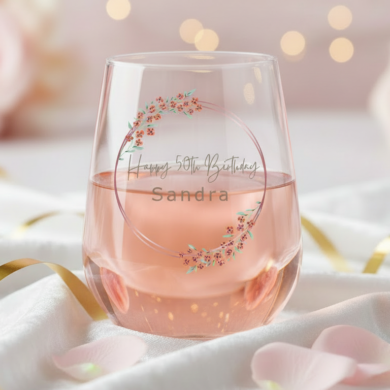 Personalised red floral stemless wine glass with custom name and birthday, milestone birthday gift for Mum, sister, friend or auntie.