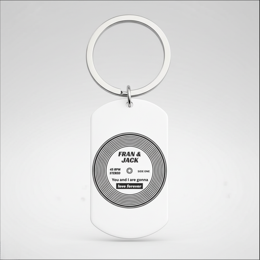 Personalised Vinyl Record Keyring | Names & Song, Engraved First Glass Designs