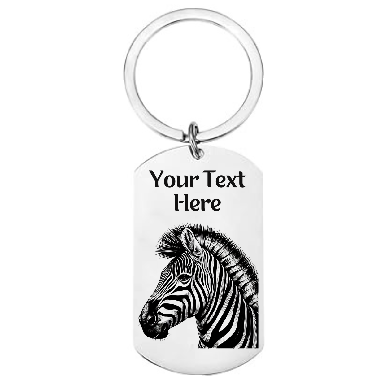 Personalised zebra keyring with custom name on front and engraved message on back