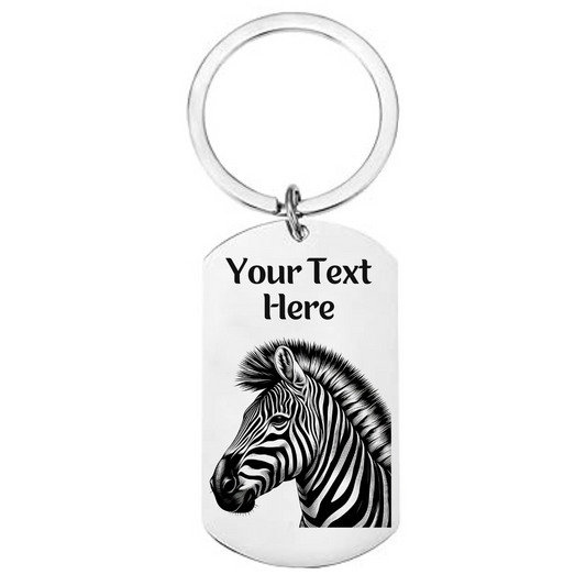 Personalised zebra keyring with custom name on front and engraved message on back