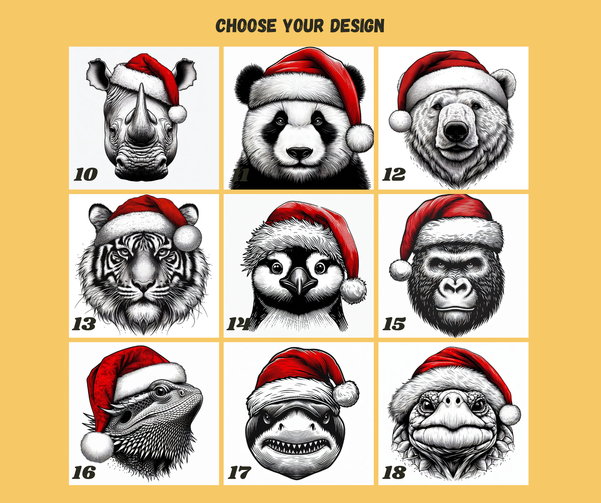 Grid of animal portraits wearing Santa hats on a yellow background with text 'Choose Your Design'