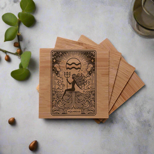 Set of personalised bamboo coasters engraved with horoscope and astrology star sign logos, natural wood texture with fine laser-etched designs, ideal for zodiac enthusiasts, astrology lovers, or as a unique personalised gift set.