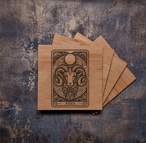 Personalised bamboo coaster engraved with the Ares / Aries zodiac sign, featuring its star sign symbol and constellation design, natural wood texture, perfect for astrology enthusiasts or as a unique horoscope-themed gift.