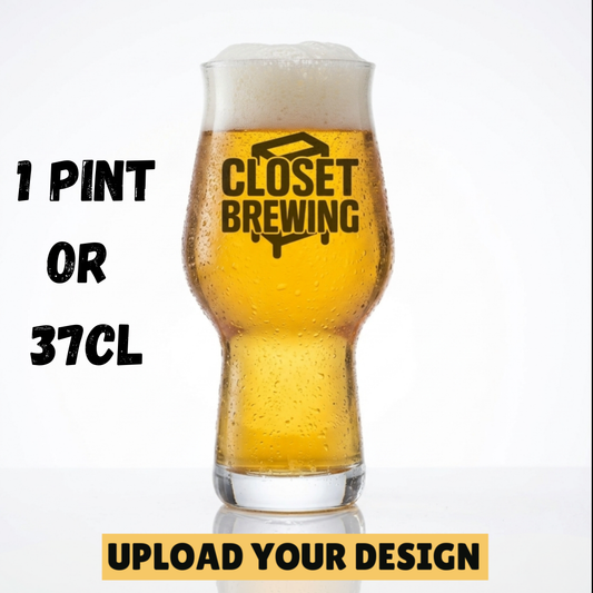 Personalised 1-pint Craftmaster craft beer glass printed with a custom design, showing full colour print quality on the tulip-shaped glass with flared top