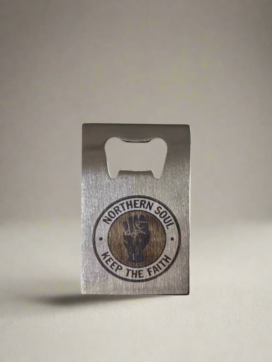 personalised northern soul keep the faith bottle opener, stainless steel, custom add name, birthday gift