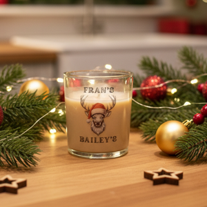 Personalised Christmas animal glass with Santa hat design and custom name — by First Glass Designs UK