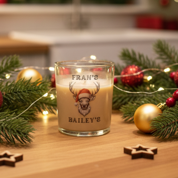 Personalised Christmas animal glass with Santa hat design and custom name — by First Glass Designs UK