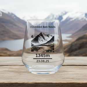 Personalised I Climbed ben nevis glass with custom name and date engraving