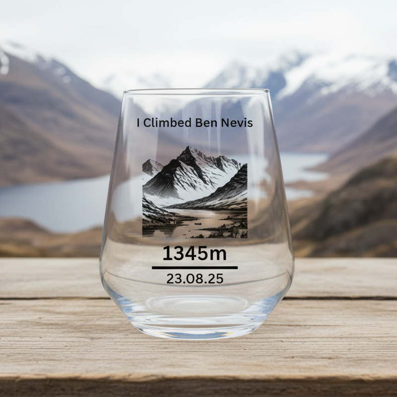 Personalised I Climbed ben nevis glass with custom name and date engraving