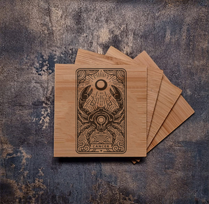 Personalised bamboo coaster engraved with the Cancer zodiac sign, featuring its crab symbol and constellation, natural wood texture, ideal for astrology lovers or horoscope décor.