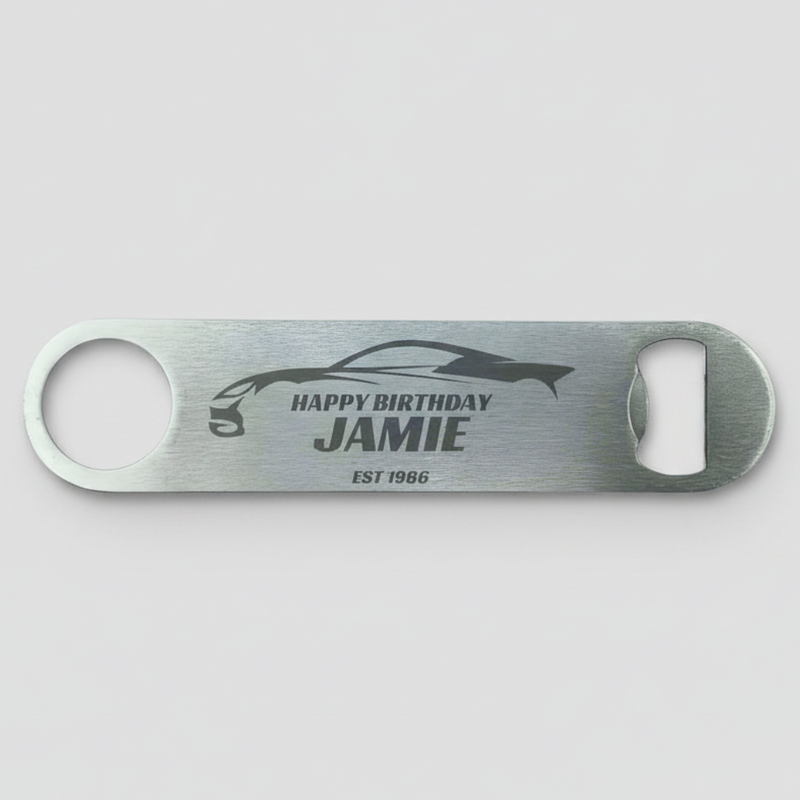 Personalised stainless steel bar blade bottle opener laser engraved with name, birth year and sports car silhouette design