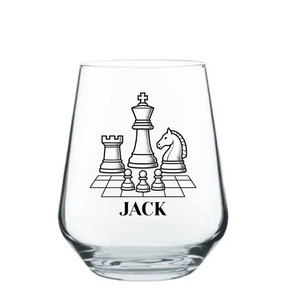 A clear stemless wine glass with a black chess-piece graphic and the name 'JACK' printed on the front, shown on a plain white background.