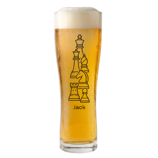 A tall, clear pint glass filled with golden beer and topped with white foam, featuring a black line-art chess piece design and the name 'Jack' printed on the front, isolated on a white background.