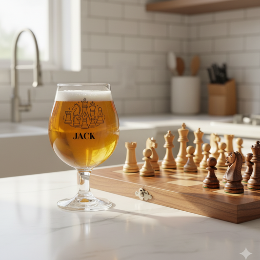 Personalised Chess Stemmed Beer Glass | Custom Printed Chess Gift First Glass Designs