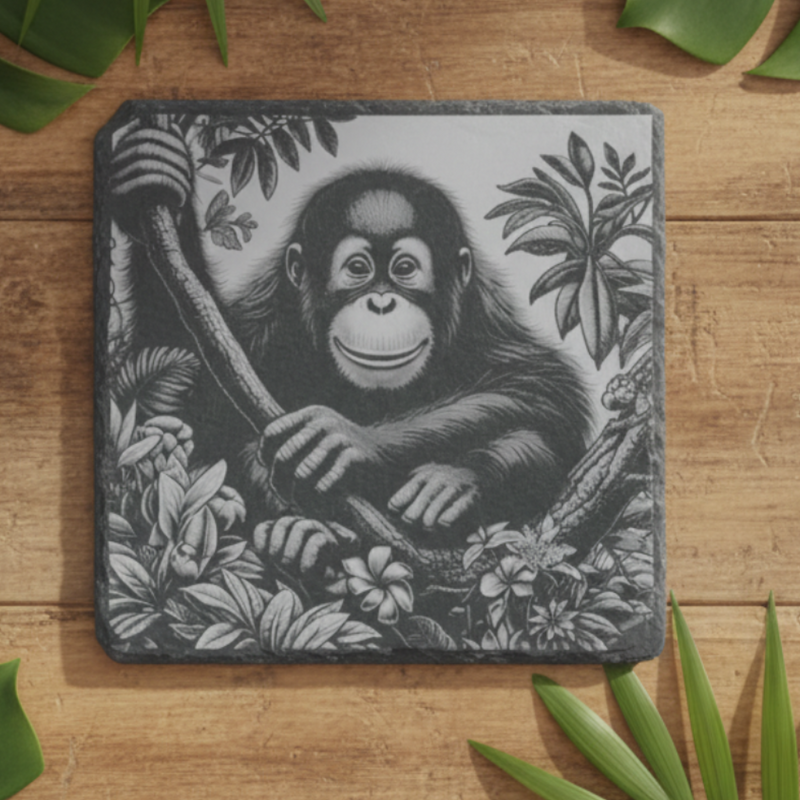 Personalised slate or bamboo coaster engraved with a detailed baby chimpanzee illustration, capturing its playful and curious expression, natural wood or stone texture, perfect for animal lovers or as a charming wildlife-themed gift.