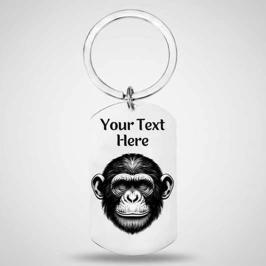 Chimp Keyring – Personalised Stainless Steel Monkey Design with Custom Front & Back Text First Glass Designs