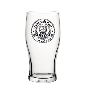 Clear glass with 'football dad home and away' text and design on a white background