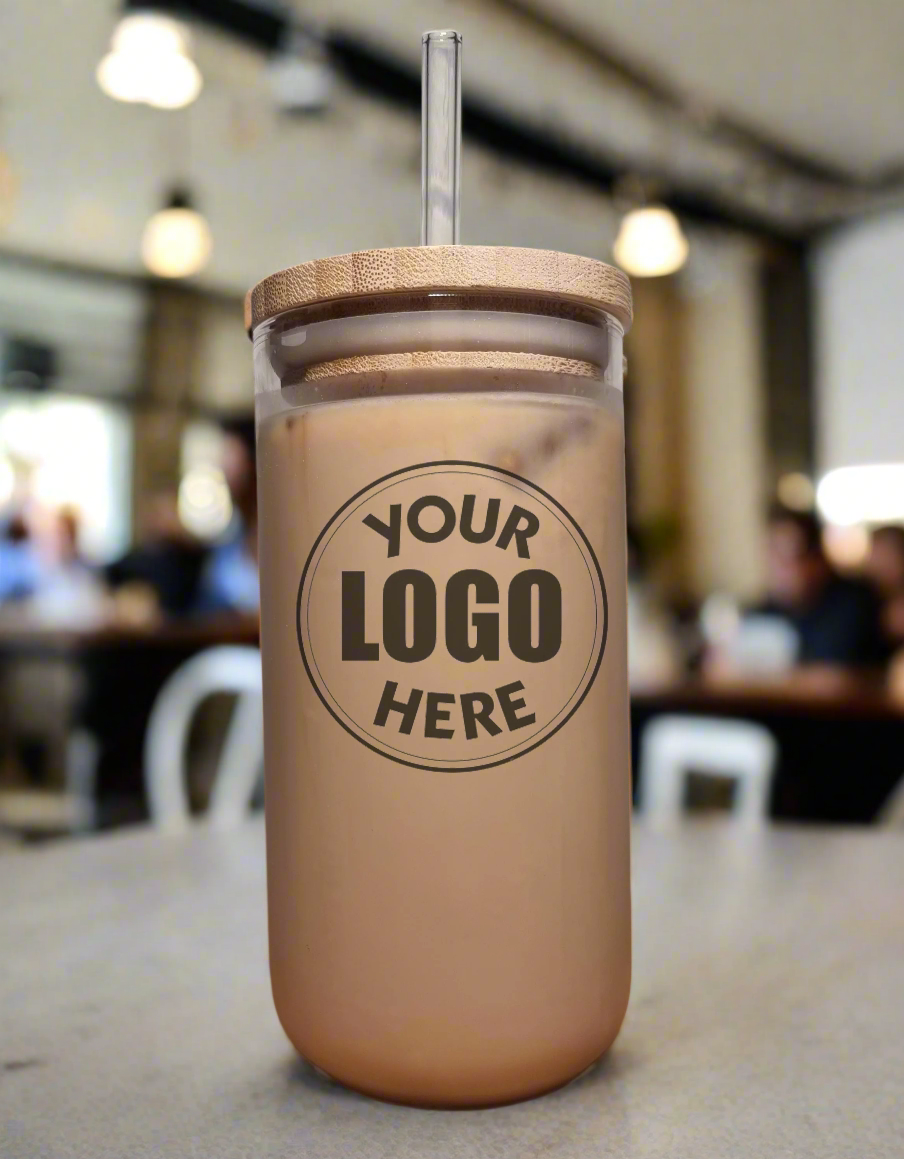 Personalised Glass Iced Coffee / Cold Brew Cups with Bamboo Lid and Glass Straw