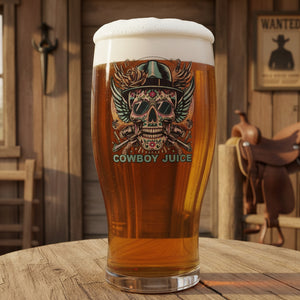Skull cowboy beer glass — lifestyle shot showing design detail
