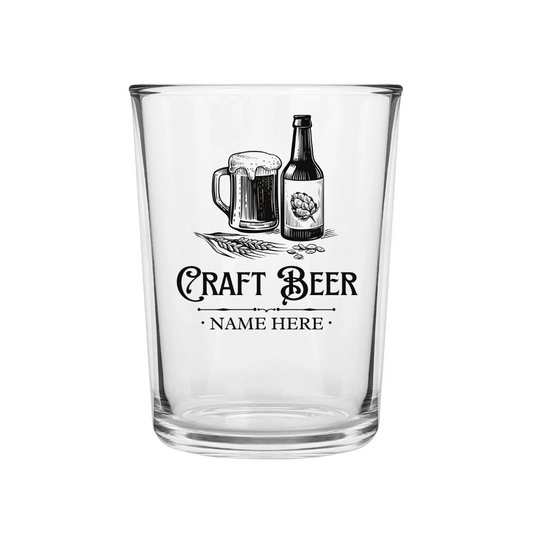 Clear glass mug with black and white illustration of a beer bottle and mug, and 'Craft Beer' text.