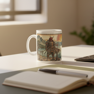Custom Japanese samurai Oni mug showing mountain lake and sunrise landscape wrap around print