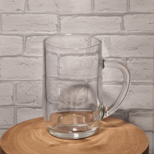Side view of 1-pint glass beer tankard with printed personalised design and handle