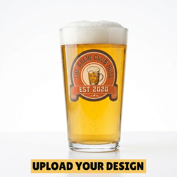 Personalised conical pint glass with custom uploaded hops design filled with golden beer, unique funny beer gift for him