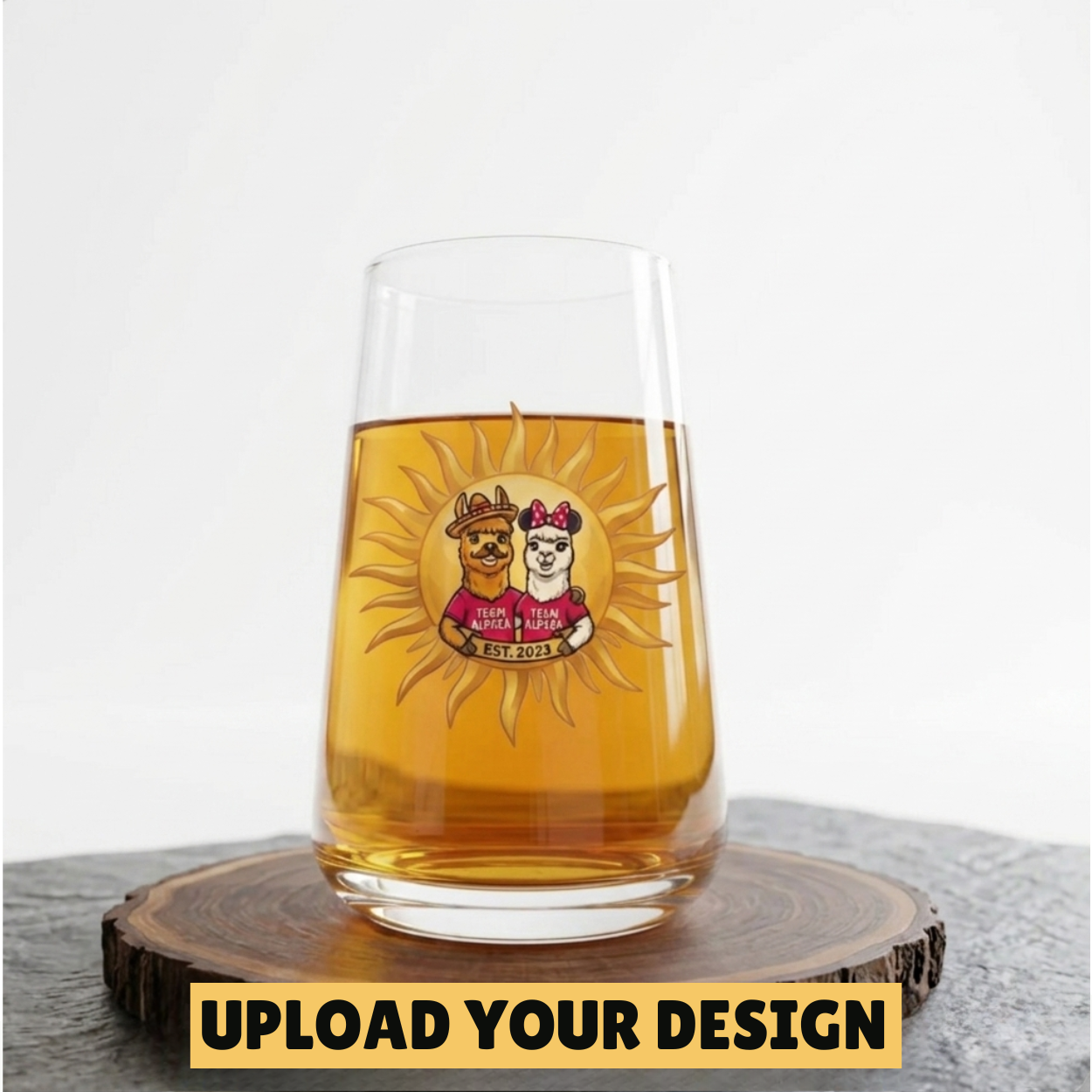 Personalised highball glass with custom uploaded circular design on wooden stand, unique beer and cocktail gift