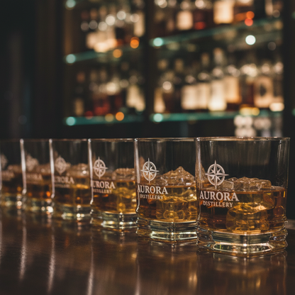 Close up of custom printed logo design on personalised 315ml ribbed old fashioned whiskey glass, upload your own design