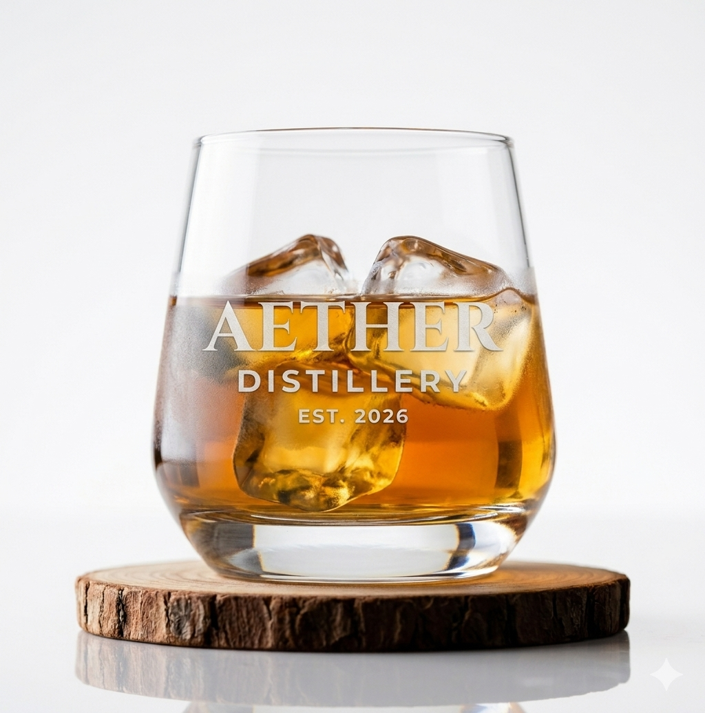 Close up of custom printed distillery branding on personalised 334ml barrel shaped whiskey tumbler, upload your own design