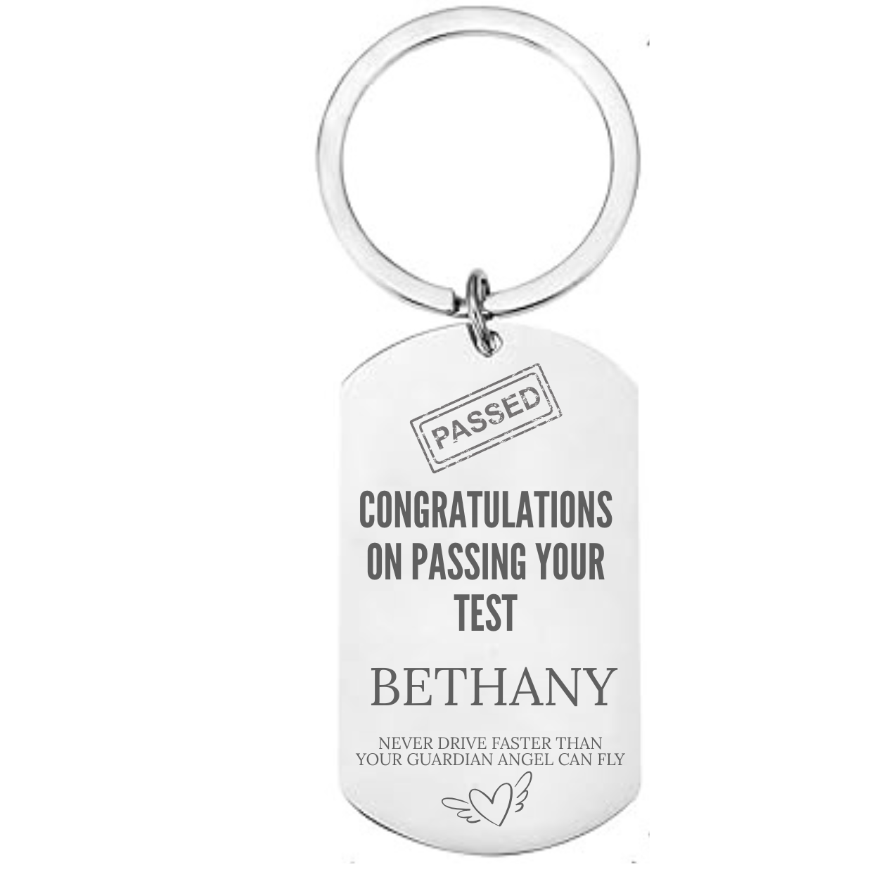 Personalised driving test pass keyring with PASSED stamp congratulations message custom name Bethany laser engraved stainless steel
